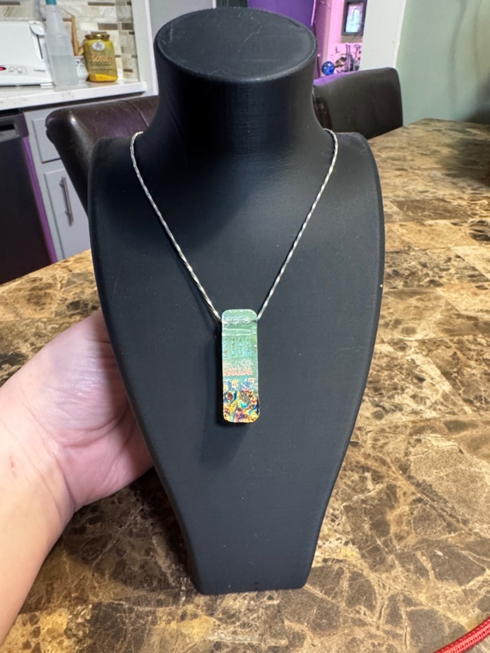 Handmade Dichroic Glass Pendant Necklace in Green and Multicolor
